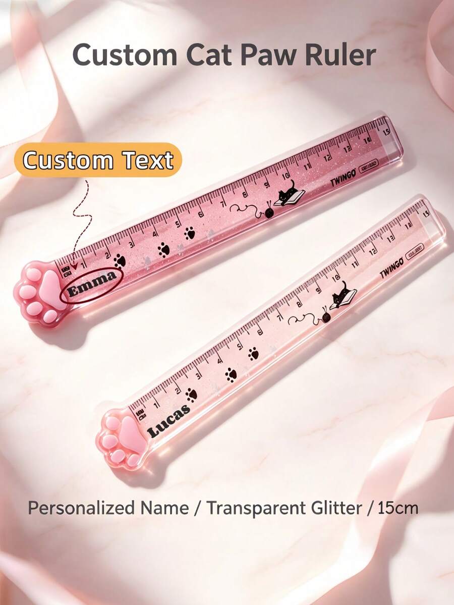 1pc Customized Name Cat Paw Acrylic Ruler, 15CM Glitter Transparent Ruler, Personalized Engraved Name Cute Paw Print Measuring Tool, Student Stationery Bookmark Ruler, Back To School Gift - Multicolor - View 1