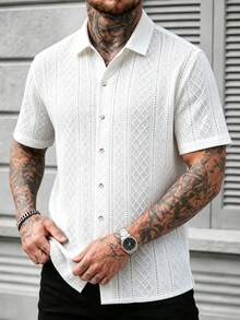 Men's Cuban Collar Zebra Print Short Sleeve Shirt, Casual Button-Up Top, Suitable For Business Commute And Daily Wear - White - View 1