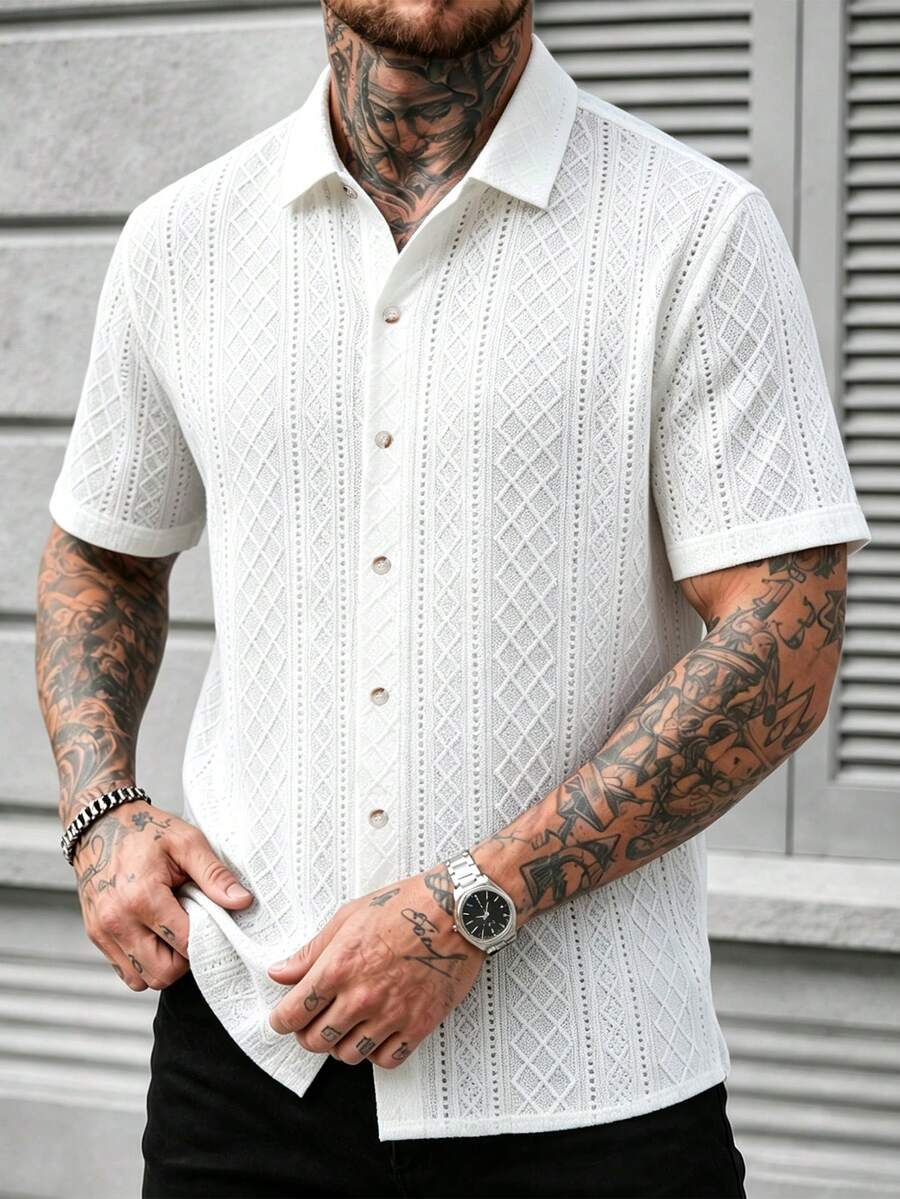 Men's Cuban Collar Zebra Print Short Sleeve Shirt, Casual Button-Up Top, Suitable For Business Commute And Daily Wear - White - View 1