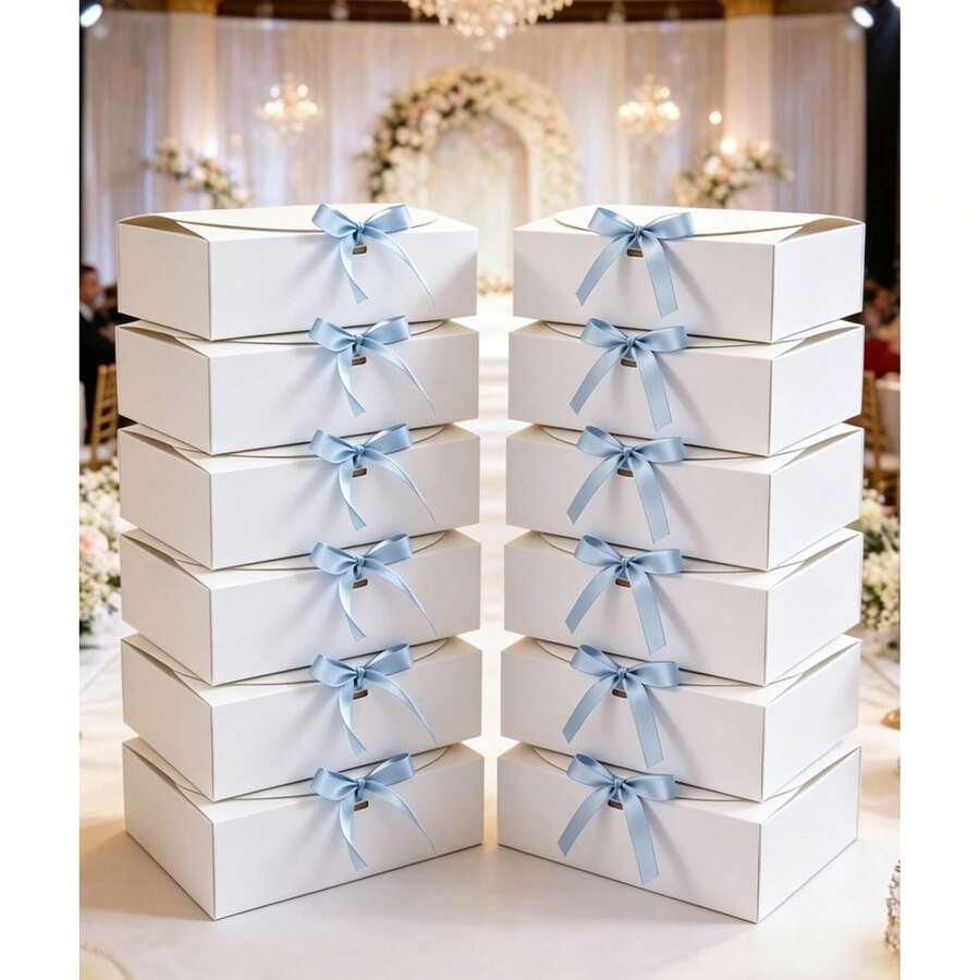 16pcs White Gift Boxes With Blue Ribbon, 7.8x10.6x3.5 Inch Foldable Bridal Party Favor Boxes, Suitable For Bridesmaid Invitation, Wedding, Birthday Gift, Baby Shower, Party, Valentine's Day Gift, Packaging, Birthday, DIY, Cosmetic Storage, Graduation Gift, Back To School Gift Packaging, Wedding Party Decoration - White and Blue Strap - View 1