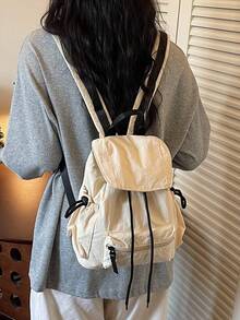Mochila pequeña de estilo japonés popular primavera/verano 2026, color bloque fresco con solapa y cordón, bolso escolar versátil de moda para mujer, estilo universitario para estudiantes de secundaria, bachillerato y universidad, bolso de clase, bolso pequeño, versión coreana casual versátil, ligera y plegable, adecuada para uso diario - Multicolor - Ver 8