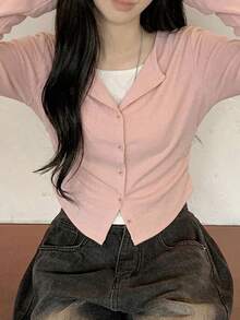 YCYC 韓式設計休閒百搭修身女款假兩件式鈕扣針織開襟衫 - 粉色 - 查看 5