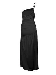 Women's Summer Black Elegant Spaghetti Strap Asymmetric Neck Ruched Slit A-Line Dress Back To School Party - Black - View 8