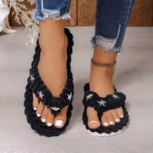 Sandal Jepit Hangat Musim Gugur/Dingin, Sandal Jepit Berhiaskan Bintang, Sol Lembut, Sandal Serbaguna untuk Dalam dan Luar Ruangan untuk Wanita - Hitam - View 5