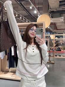 Korean Style White Henley Collar Long Sleeve T-Shirt Women, Colorful Contrast Stitching Button Front Loose Casual Thin Sun Protection Top, Spring Autumn - White - View 2