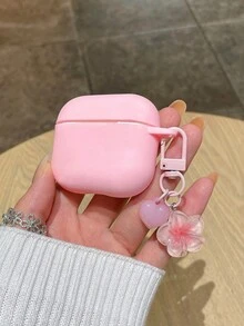 1件 Ins韓式簡約清新粉色磨砂霧面純色藍牙耳機保護殼，搭配同色心形掛鉤＋櫻花花朵吊飾，適合情人節、母親節、復活節、兒童節、開學季、感恩節、萬聖節、聖誕節、元旦及所有海外重大節日送禮，適合女孩日常通勤與四季旅行 - 彩色 - 查看 5
