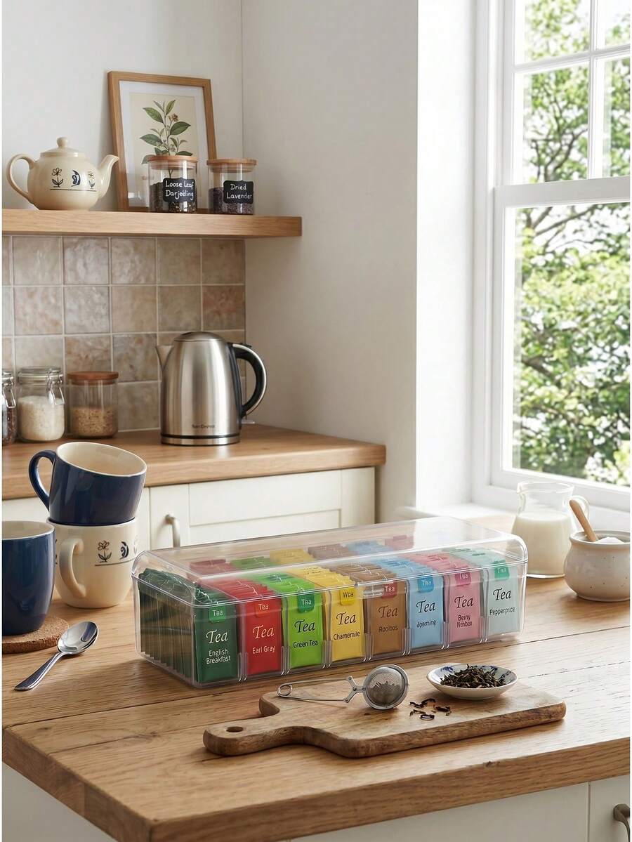 1pc 8 Compartments Clear Acrylic Tea Bag Storage Rack,Multi-Functional Coffee Pod Sugar Packet Storage Container,Detachable Makeup & Sundries Display Holder,Wall-Mounted Or Countertop Kitchen Spice Shelf Pantry Cabinet Organizer. - Transparent - View 1