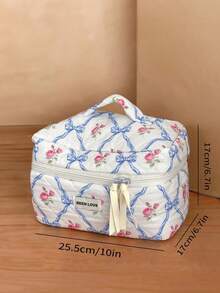 Sweet Pink Rose Blue Bow Lattice Pattern Quilted Cosmetic Bag, Portable Handheld Large Capacity Travel Makeup Organizer, Fashion Zipper Toiletry Storage Bag For Daily Trip Vacation - Multicolor - View 11