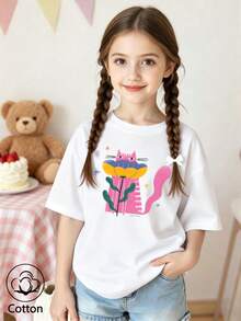 Summer & Autumn Girls' Cotton Short Sleeve T-Shirt, Cute Sweet Girly Preppy Style With Fun Printed Graphics - White - View 3