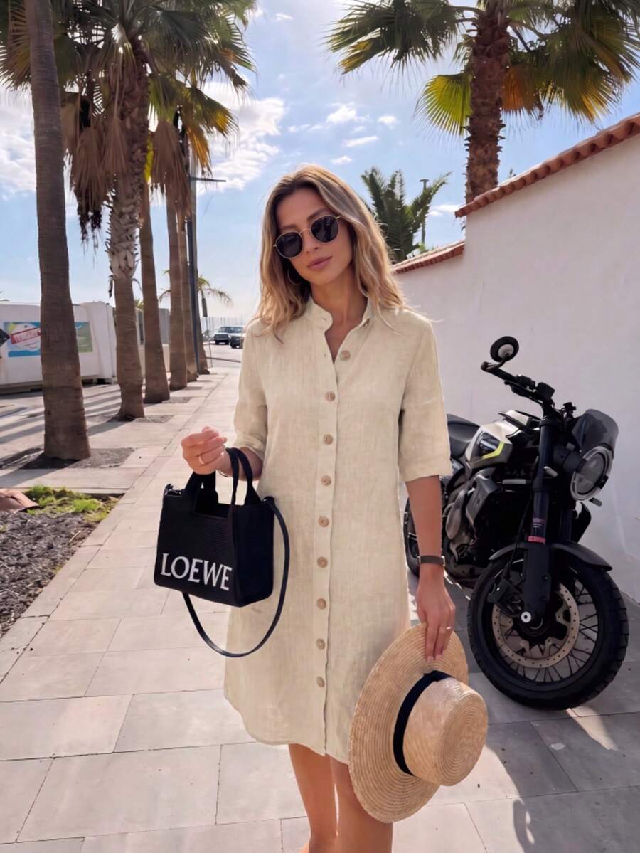 Casual Women's Stand Collar Shirt Dress, Knee Length, Short Sleeve Button Design, With Pockets, Creating A Vintage Autumn Look. Elegant Summer - Khaki - View 1