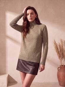 Women's High Neck 100% Merino Wool Sweater 2024 Autumn/Winter Classic Warm Soft Raglan Long Sleeve Knit Sweater - Camel - View 2
