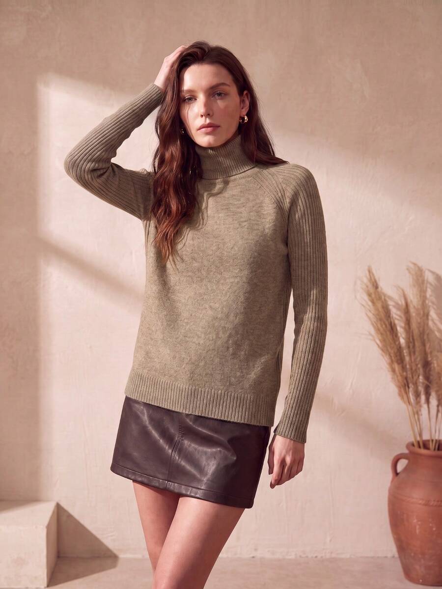 Women's High Neck 100% Merino Wool Sweater 2024 Autumn/Winter Classic Warm Soft Raglan Long Sleeve Knit Sweater