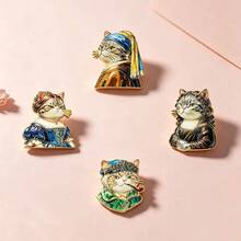1pc Famous Painting Cat Enamel Pin, Mona Lisa Girl With A Pearl Earring Renaissance Kitten Gold Trim Lapel Pin, Metal Pin For Jackets Bags, Art Cat - Multicolor - View 5