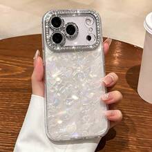 Funda de teléfono con textura de concha arcoíris de cobertura completa, marco de cámara de diamante con estampado de amor lindo, funda protectora ultra delgada resistente a arañazos, compatible con iPhone 17 16 15 14 13 Pro Max 12 Pro Max 11, varios regalos para días festivos - Blanco - Ver 1