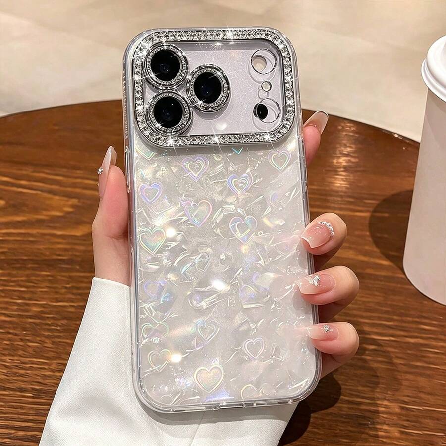 Funda de teléfono con textura de concha arcoíris de cobertura completa, marco de cámara de diamante con estampado de amor lindo, funda protectora ultra delgada resistente a arañazos, compatible con iPhone 17 16 15 14 13 Pro Max 12 Pro Max 11, varios regalos para días festivos - Blanco - Ver 1