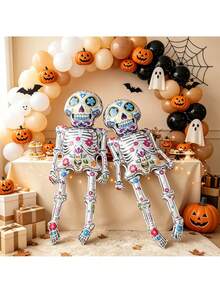 2pcs 120cm Halloween Mexican Day Of The Dead Floral Pattern Skeleton Foil Balloons, Halloween Party Decoration Balloons - Flower Skull - View 3