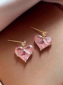 1 Pair Elegant Sweet Pink Cubic Zirconia Heart-Shaped Drop Earrings Suitable For Women's Wedding, Party, Holiday Wear - Pink - View 4