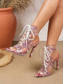 Women's High Heel Fashion Sandals Pointed Toe Lace-Up 11cm Printed Colorblock Sexy Stiletto Ultra High Heel Fashion Sandals Plus Size 42 - Pink - View 3