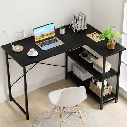 L-Shaped Computer Desk, Study Desk, 110cm Width, 110*80*75cm, Includes 2 Shelves, Easy Assembly, Suitable For Vanity, Desk Corner, Office, Study, Bedroom, And Dormitory, Recommended For Single Living, Domestic Shipping