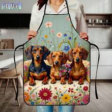 An Apron Featuring A Pattern Of Three Dachshunds And Floral Motifs; Its Simple, Stylish Design And Cute Dog Imagery Make It An Ideal Gift, While Also Making It Suitable For A Variety Of Settings, Such As Cafes, Bakeries, And Home Kitchens. - Multicolor - View 5