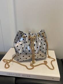 Mini New Fashion Straw Woven Gold Chain Drawstring Bucket Bag Beach Bag - Silver - View 9