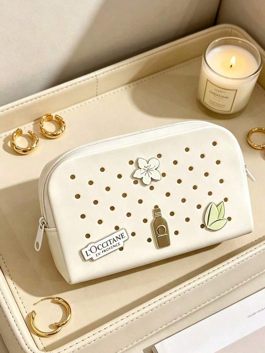 L'Occitane Hollow Polka Dot Applique Faux Leather Makeup Bag, Waterproof Portable Travel Cosmetic Organizer, Suitable For Daily Use, Vacation, Birthday And Holiday Gift, LOCCITANE-GIFT-20 - White - View 1