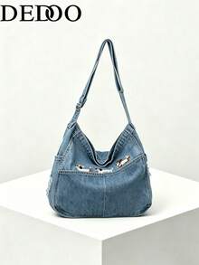 Dedoo 女款狗狗刺繡 Hobo 包，櫻桃吊飾可調節肩帶休閒斜背包，大容量校園後背包，適用大學校園使用 - 霧霾藍 - 查看 3