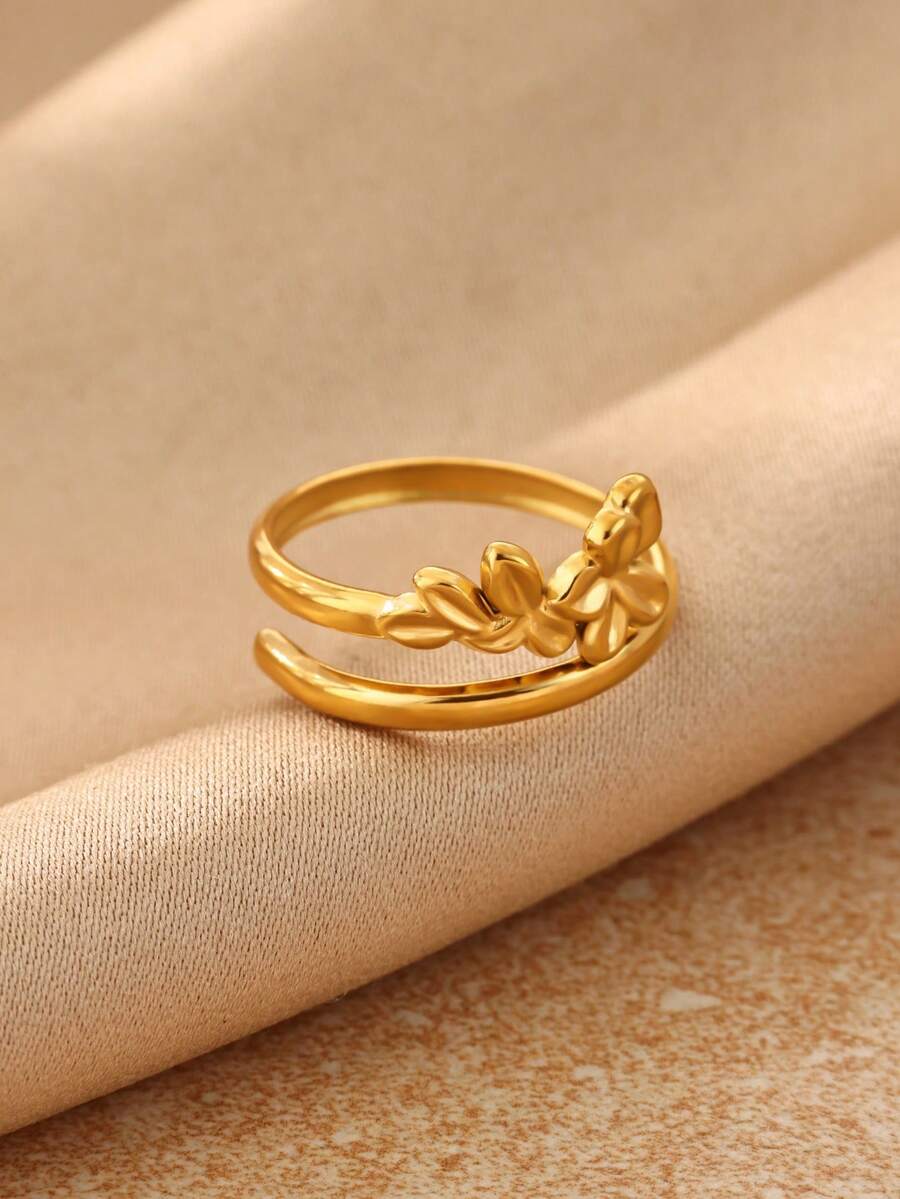 1PC Minimalist Plumeria Flower Wrap Rings For Women 18K Gold Plated Stainless Steel Adjustable Ring Dainty Stackable Finger Jewelry Gift - Multicolor - View 1