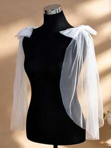 1 Pair Detachable Faux Pearl Bow Bridal Shawl, White Mesh Shoulder Sleeves, Wedding Party Strapless Dress Shoulder Accessory - Multicolor - View 6
