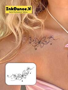 1 Set "Abstract Butterfly & Flower" New Technology Tattoo Stickers, Semi-Permanent, Floral Swirl, Minimalist, Flower, Y2K, Temporary Tattoo, Realistic Tattoo, Waterproof And Long-Lasting Design, Plant-Based Formula, InkDance, Ink Dance X135 - Black - View 2