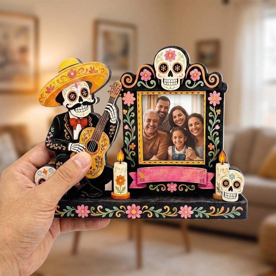 1pc Wooden Photo Frame, Gothic Sugar Skull Altar Decoration Wooden Memorial Photo Frame, Holiday Decorative Plaque, Day Of The Dead Decoration