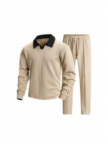 Men's Spring/Autumn POLO Collar Sweatshirt Top & Long Pants Casual Fashion Set, Suitable For Daily Commute And Vacation - Khaki - View 7
