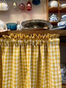 1pc Yellow Plaid Short Curtain, Korean Retro Style, Half-Length Window Curtain, Cabinet Cover, Bathroom Small Window Curtain - Multicolor - View 6