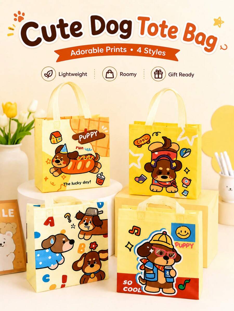 1/4/8/12pcs Cute Puppy Print Nonwoven Tote Gift Bag Available In 4 Styles Colorful Cartoon Dog Theme Carry Bag With Soft Handles Lightweight Roomy Design For Birthday Party Favors Holiday Treats Shopping Gift Wrapping, Reusable Bags - Puppy - View 1
