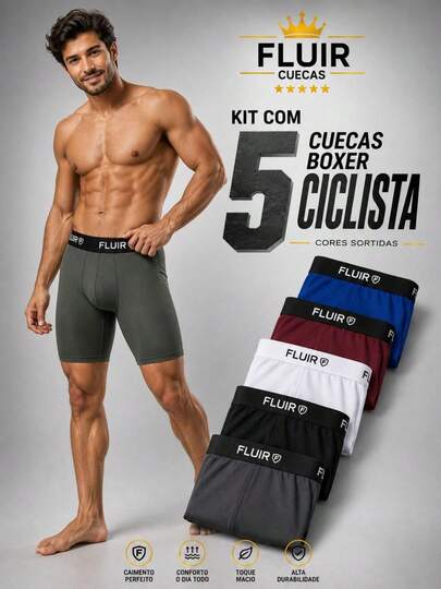 Kit com 5 Cuecas Boxer Ciclista Lisa Box Masculino Adulto Forro 100% Algodão Conforto e Qualidade.