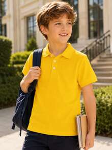 Young Boy Classic Bright Yellow Solid Color Short Sleeve Polo Shirt Suitable For Daily Outings, Gatherings, Performances And Events - Yellow - View 2