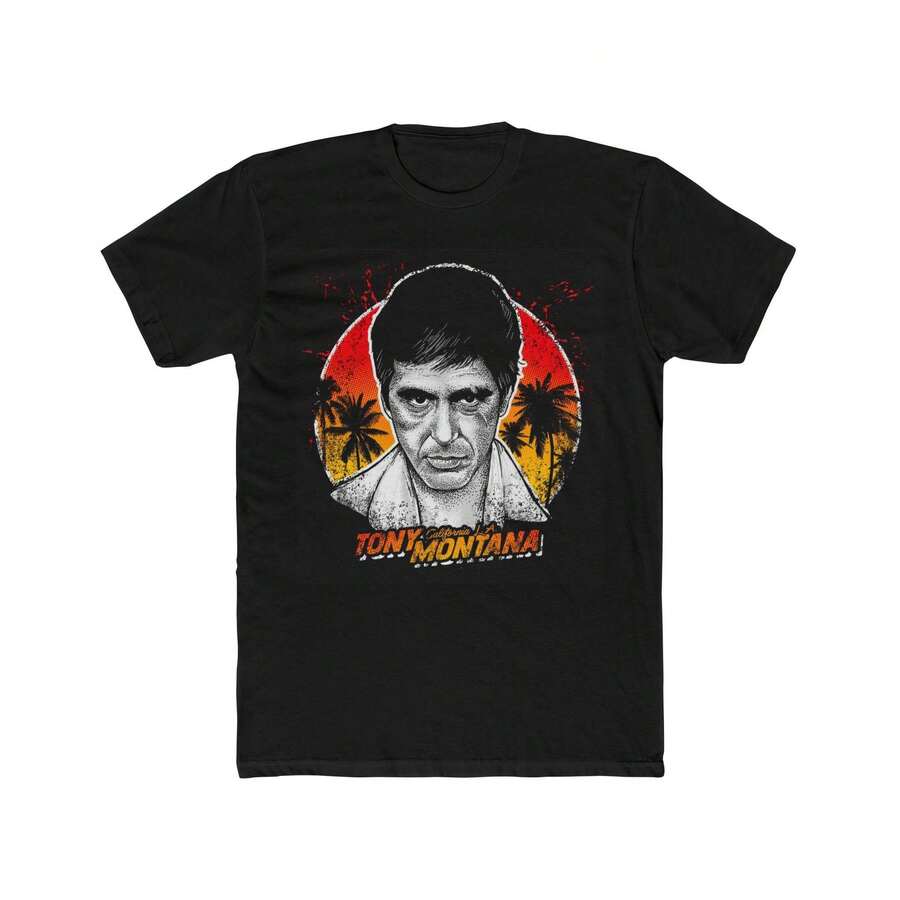 Retro Oversized ScarfaceS Graphic T-Shirt, Tony Mon Tana Pattern Cotton Crew Neck Unisex Casual T-Shirt - 黑色 - 查看 1