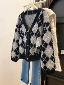 Women's Diamond Pattern Fluffy Knit Cardigan, V-Neck Decorative Button Loose Sweater Jacket, Suitable For Thanksgiving And Christmas Outfits - Black - View 9