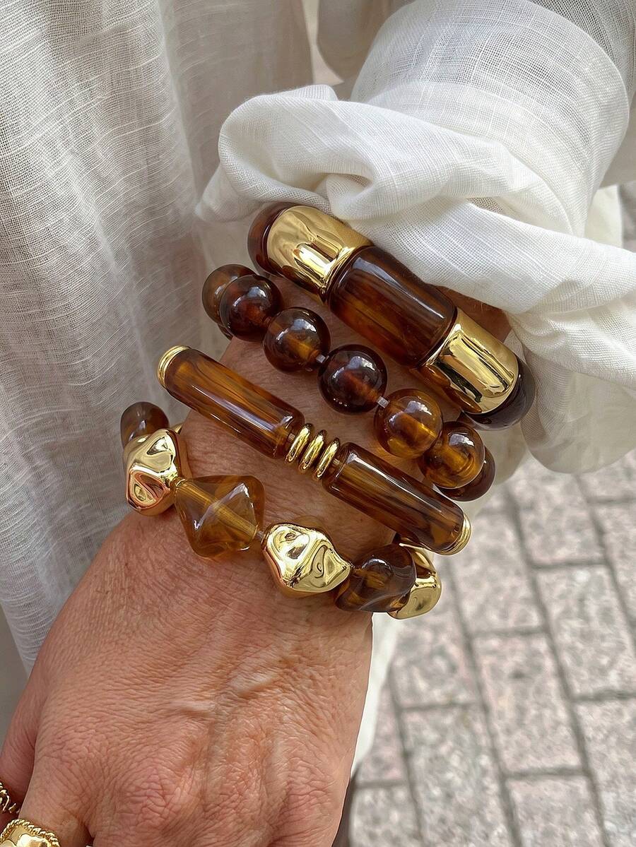 4pcs/1pc Vintage Elegant Bohemian Style Daily Geometric Asymmetrical Exaggerated Thick Elastic Beaded Bamboo Joint Marbled Brown Coffee Resin Bracelet Stackable Acrylic Splicing Bangle Set Multi-Piece Stacked Y2K Jewelry Accessories Suitable For Women Summer Beach Party Birthday Daily Wear - Brown - View 1
