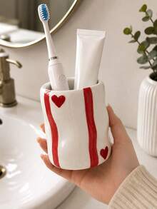 1pc Cute Striped Red Heart Toothbrush Holder, Multi-Functional Bathroom Countertop Storage Cup, Toothpaste Storage Box, Bathroom Vanity Aesthetic Home Decor - Multicolor - View 3