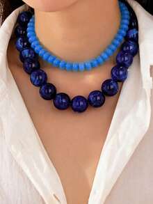 1/2pcs Blue Resin Bead Layered Necklace, Round Marble Bead Stackable Necklace, Layered Jewelry, Suitable For Women's Beach And Daily Wear - Multicolor - View 7