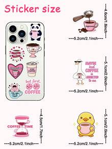 50pcs Fun Coffee Stickers, Pink Cartoon Doodle DIY Notebook Diary Stationery Bottle Stickers, Student Gift - Multicolor - View 12