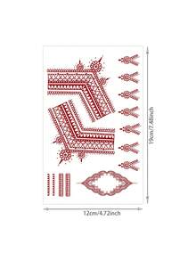 1張防水酒紅色幾何花卉海娜臨時紋身貼紙，曼陀羅蕾絲手指手腕掌心Mehndi轉印假紋身，持久新娘手部貼紙，適用婚禮波希米亞海灘度假派對手部彩繪裝飾 - 紅色 - 查看 5