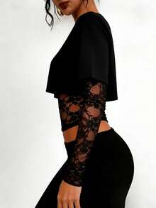 FLEXCHIC Plus Size Stretchy See-Through Long Sleeve Large Round Neck Slim Fit T-Shirt Going Out Tops,Valentine's Day - Black - View 2