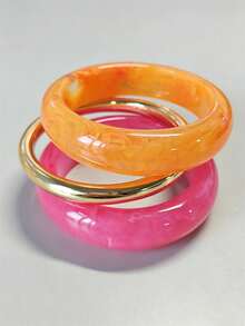 Juego de 3 piezas/Set de pulseras apilables en rosa, naranja y dorado, brazaletes redondos minimalistas encantadores y de moda - Multicolor - Ver 5