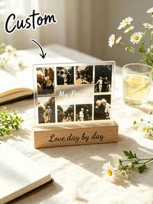 Custom Acrylic Photo Display, Capture Beautiful Moments, Supports 8 Photo Customization, Wooden Base, Customizable Text, Combines Commemoration And Decoration, Perfect For Family Photo Collection, Couple Anniversary, Pet Memory Preservation, Graduation Commemoration, Freely Place On Study Desk, Bedroom Nightstand, Living Room, Office Desk, Dressing Table - Multicolor - View 5