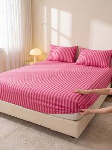1pc Pink Striped Fitted Sheet, Bedding, Mattress Protector, Home Life, Home Textiles, Soft, Wrinkle-Resistant, Breathable And Comfortable, Suitable For All Bed Sizes, Dorm Bedding, Home Decor, Pillow And Pillowcase Not Included, Machine Washable, Back To School - Multicolor - View 2