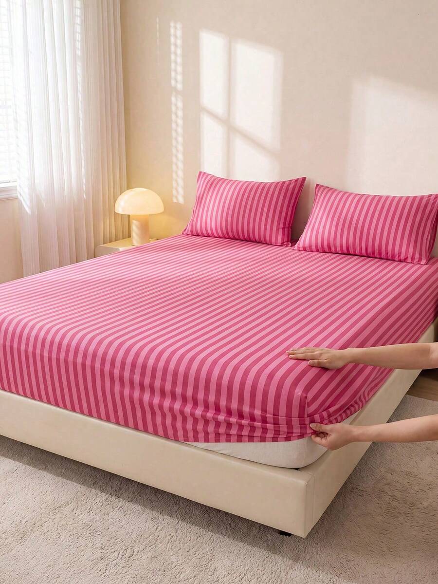 1pc Pink Striped Fitted Sheet, Bedding, Mattress Protector, Home Life, Home Textiles, Soft, Wrinkle-Resistant, Breathable And Comfortable, Suitable For All Bed Sizes, Dorm Bedding, Home Decor, Pillow And Pillowcase Not Included, Machine Washable, Back To School