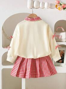 Young Girl Bow Print 2 In 1 Long Sleeve Top And Plaid Skirt - Apricot - View 2