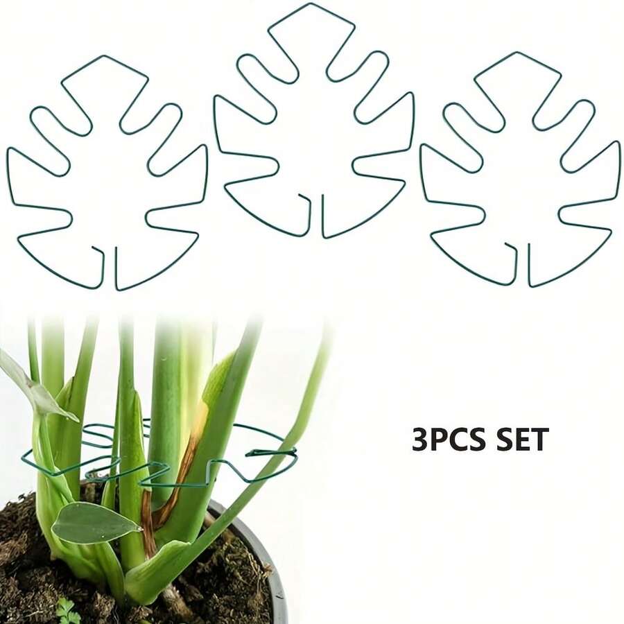 3件組綠色植物莖部支撐架，適用於龜背葉，獨特夾持設計，穩定室內植物，鐵製，適合攀爬常春藤，玳瑁竹紋設計